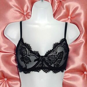 New XS Black Lace Balconette Bra Sexy Sheer Floral Underwire Adjustable Straps